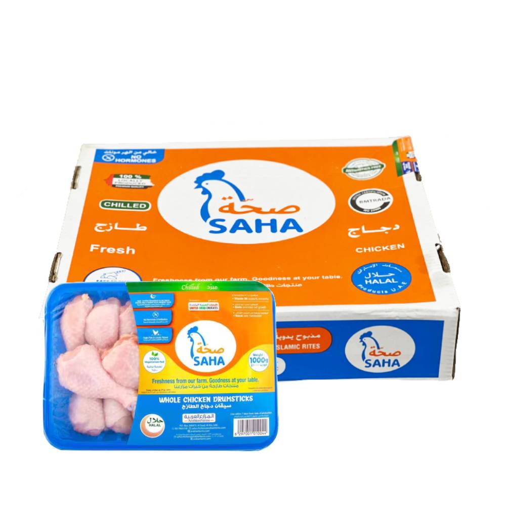 Saha Fresh Chicken Drumstick 8x1000g – Fresh chicken drumsticks packed in 1kg portions, ideal for roasting, grilling, and frying flavorful meals.