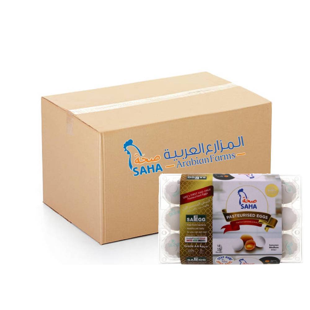 Saha Pasteurized White Eggs Medium 24x15s – High-quality pasteurized medium white eggs, ideal for safe cooking and baking, convenient bulk packaging for households and foodservice.