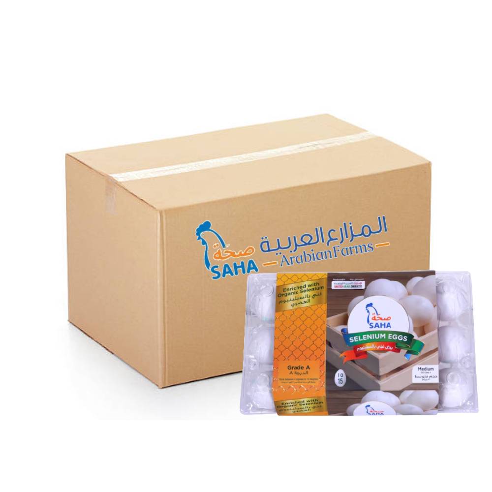 Saha Selenium White Eggs Medium 24x15s – Medium white eggs enriched with selenium for added nutritional benefits, ideal for healthy cooking, bulk packaging for home or foodservice use.