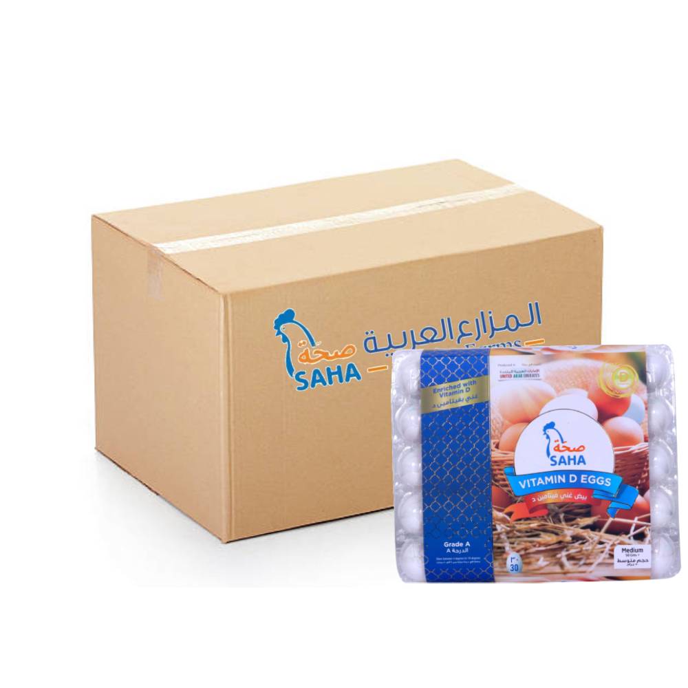 Saha Vitamin-D White Eggs Medium 12x30s – Nutritious medium white eggs enriched with Vitamin D, ideal for healthy cooking and baking, bulk pack for home and foodservice.