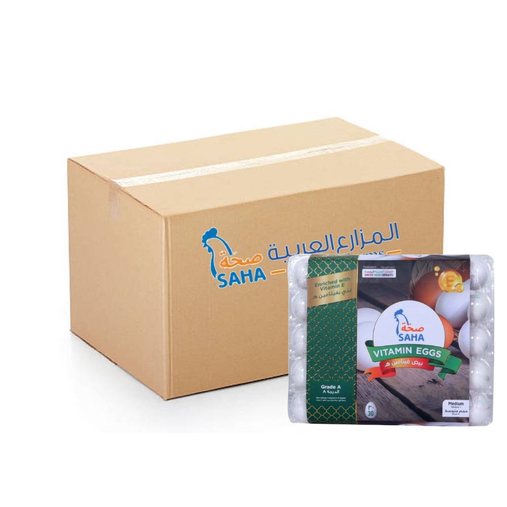 Saha Vitamin-E White Eggs Medium 12x30s – Medium white eggs enriched with vitamin E, perfect for nutritious cooking and baking. Bulk pack ideal for home and foodservice.