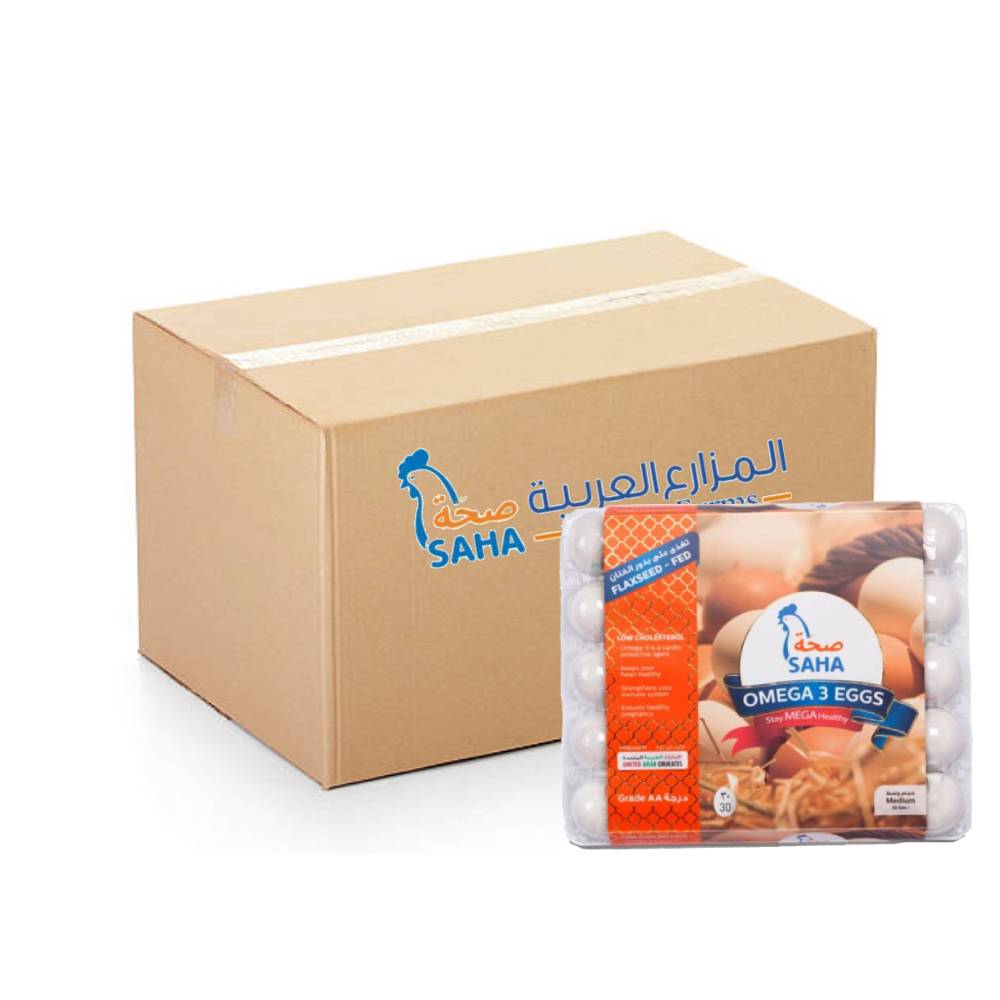 Saha White Omega 3 Eggs Medium – 12 packs of 30 nutrient-rich eggs, fortified with Omega-3 for heart and brain health.