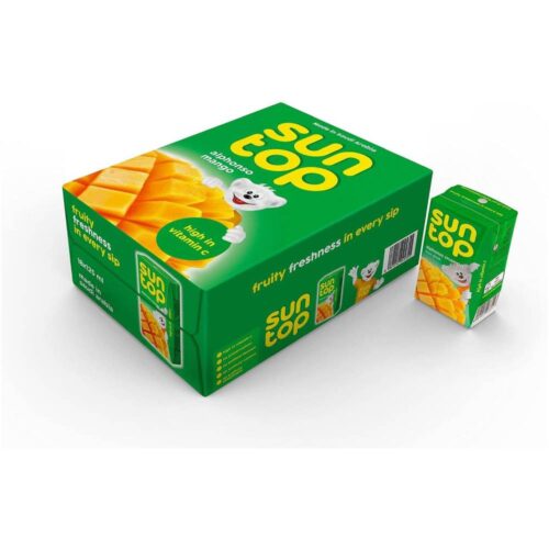 Suntop Alphonso Mango Juice – 18x125ml pack featuring rich and sweet Alphonso mango juice in convenient 125ml bottles, perfect for a tropical and refreshing drink anytime.