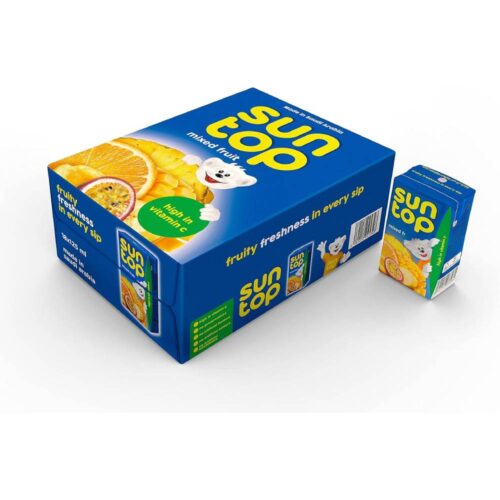 Suntop Mixed Fruit Drinks - 18x125ml pack featuring a variety of delicious mixed fruit flavors in convenient 125ml pouches, perfect for a quick and refreshing drink.