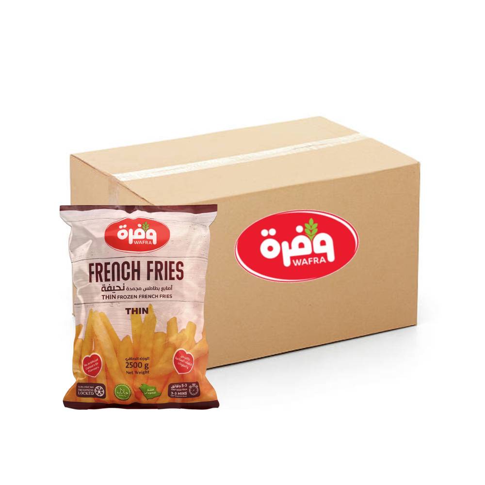 Wafra Thin Frozen French Fries 7x7mm - 4x2.5Kg, Wafrah, Premium Fries, Potato Fries, Frozen Food, Bulk items, Catering, Wholesaler, Price, Crispy Fries