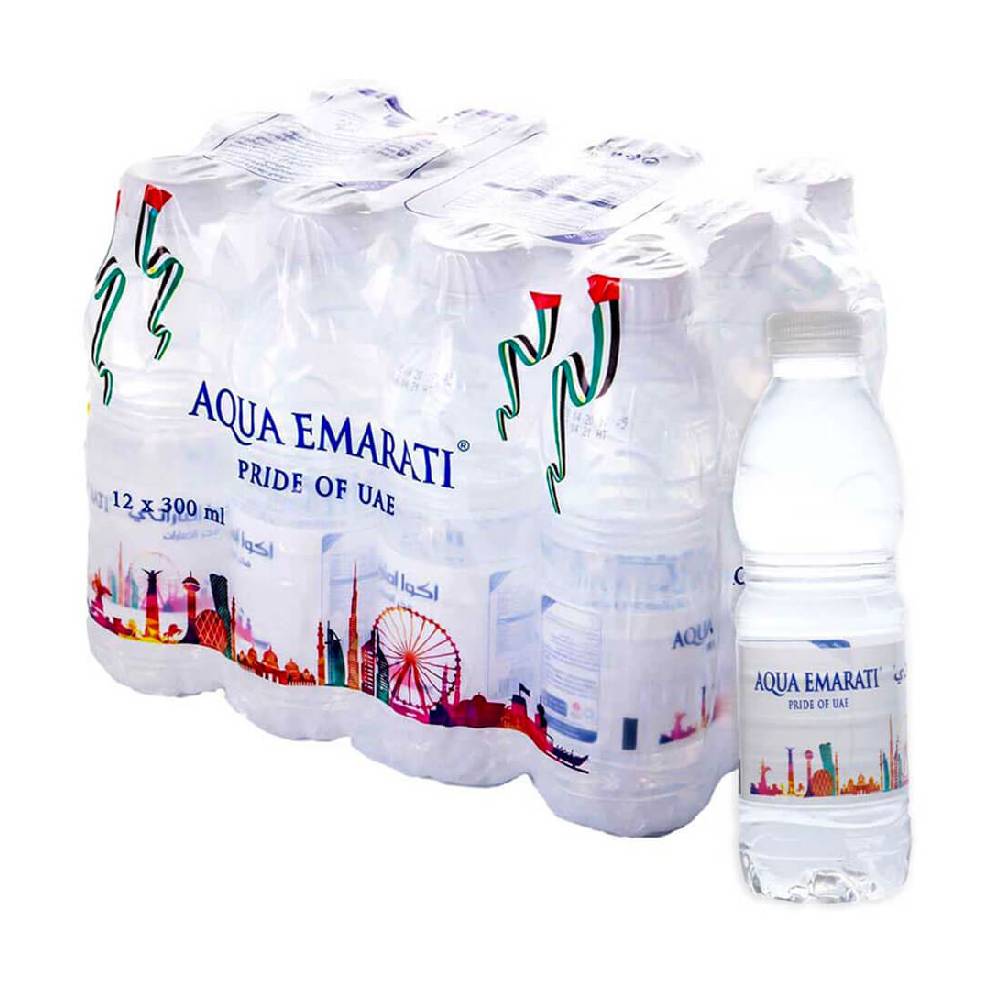 Aqua Emarati Bottled Drinking Water - 12x300ml pack of pure, refreshing water in compact bottles ideal for travel, office, or everyday hydration.