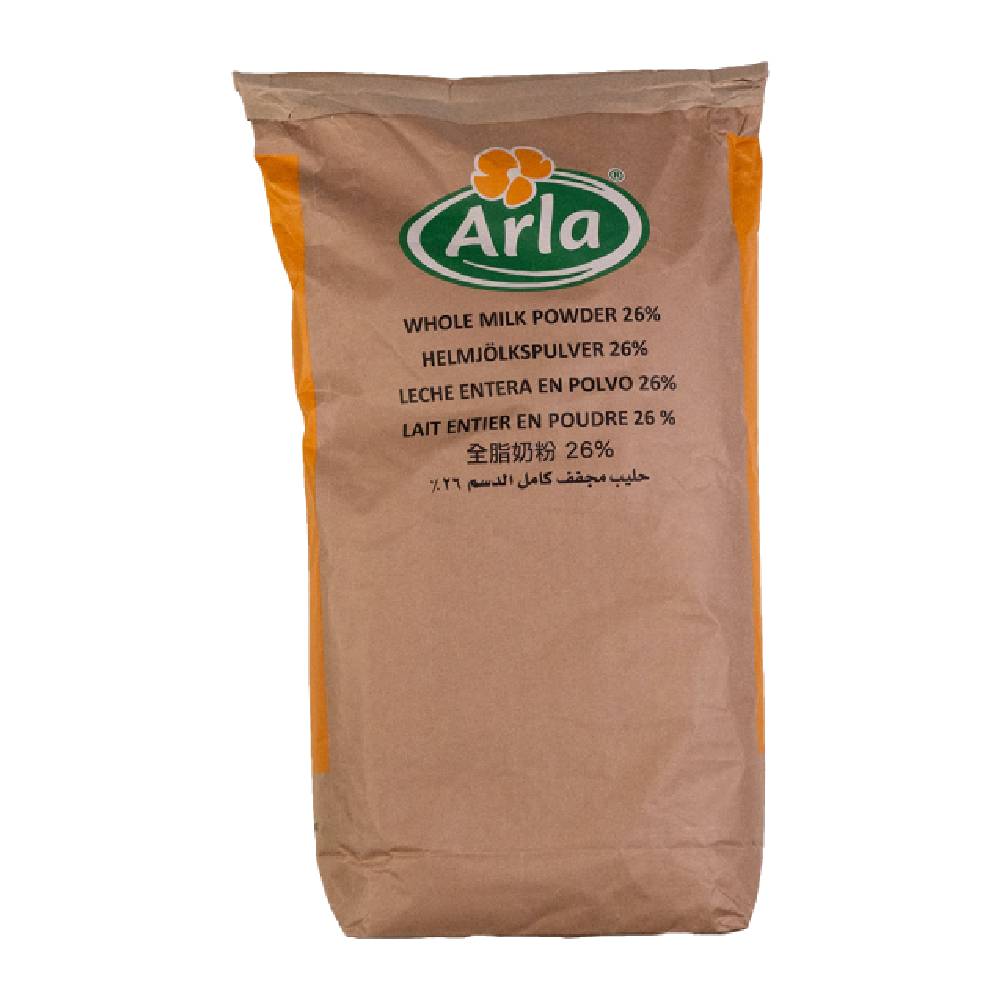 Arla Whole Milk Powder 26% - 25kg packaging, premium dairy powder ideal for cooking, baking, and beverages.