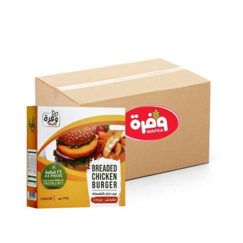 Wafra Breaded Chicken Burger 1344g - 6x24x56g frozen chicken patties packed for bulk use in sandwiches or quick meals