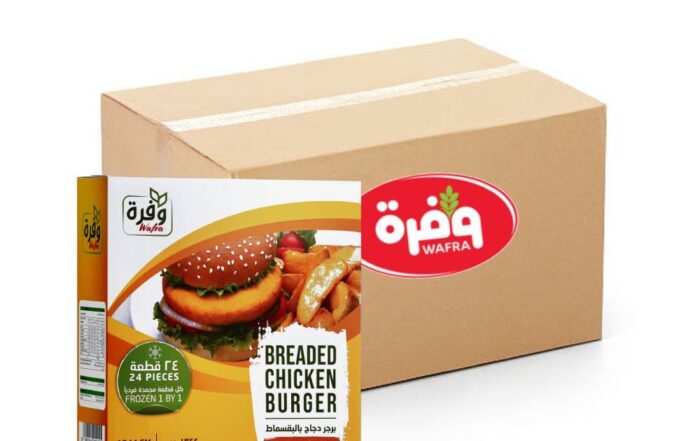 Wafra Breaded Chicken Burger 1344g - 6x24x56g frozen chicken patties packed for bulk use in sandwiches or quick meals