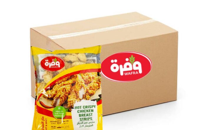 Wafra Hot Crispy Chicken Breast Strips - 12x750g in packaging, featuring spicy breaded chicken breast strips perfect for quick meals or snacks.