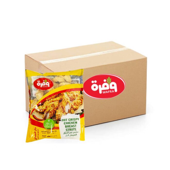 Wafra Hot Crispy Chicken Breast Strips - 12x750g in packaging, featuring spicy breaded chicken breast strips perfect for quick meals or snacks.