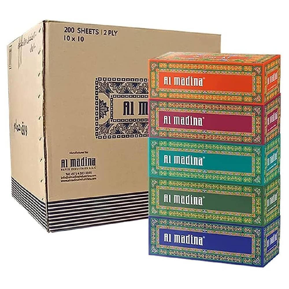 Al Madina Facial Tissue - 6x5x200ply pack of soft, durable 2-ply tissues ideal for home, office, or commercial hygiene use.