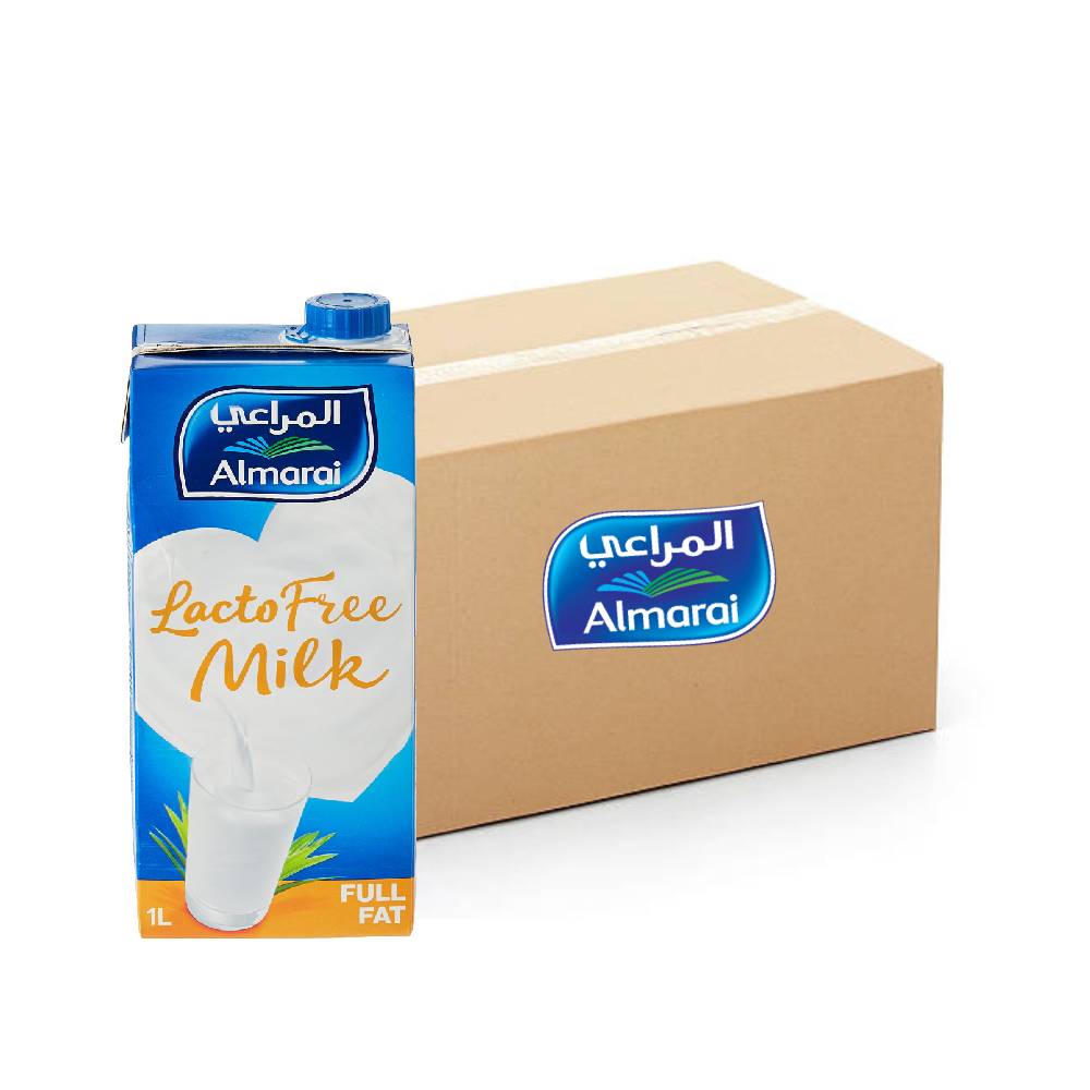 Almarai UHT Milk Lacto Free - 12x1Ltr pack of lactose-free, long-life milk ideal for lactose-intolerant diets, cooking, and daily consumption.