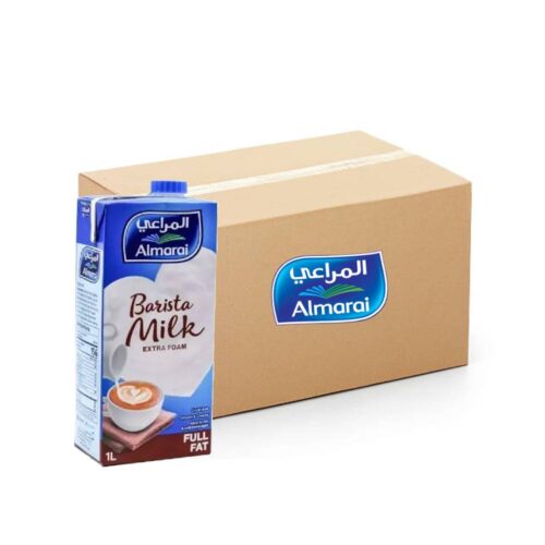 Almarai Barista UHT Milk Full Fat - 12x1Ltr pack of creamy, full-fat long-life milk, perfect for coffee, cooking, and daily use.