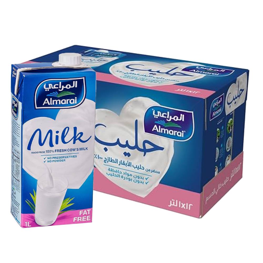 Almarai UHT Milk Fat Free - 12x1Ltr pack of long-life, fat-free milk with creamy taste, ideal for healthy diets and everyday use.