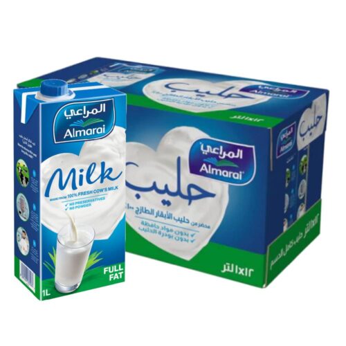 Almarai UHT Milk Full Fat - 12x1Ltr pack of creamy long-life whole milk, ideal for coffee, cooking, and daily consumption.