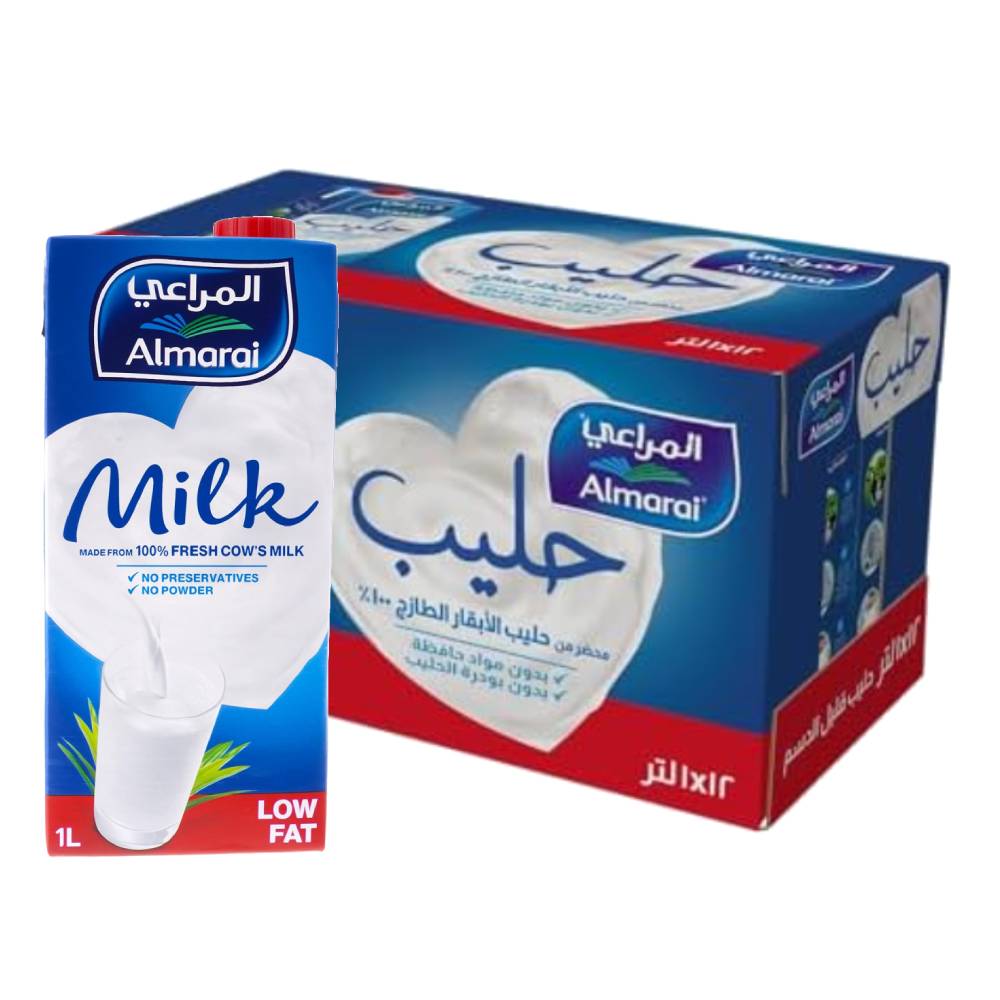 Almarai UHT Milk Low Fat - 12x1Ltr pack of long-life low-fat milk, ideal for healthy daily use in beverages and cooking.