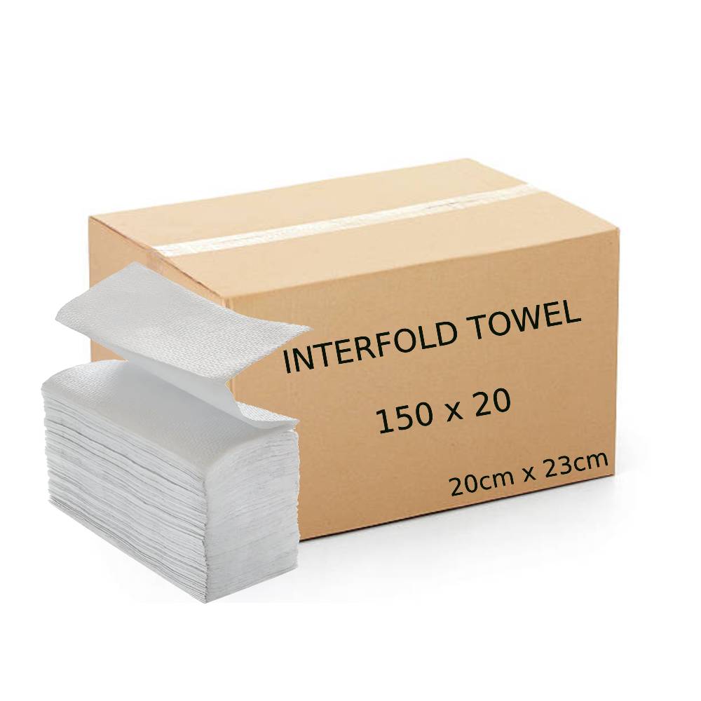 Interfold V-Fold Paper Towel - 150pcs x 20pkt (20cm x 23cm), strong and absorbent paper towels ideal for hygienic drying in commercial and high-traffic areas.