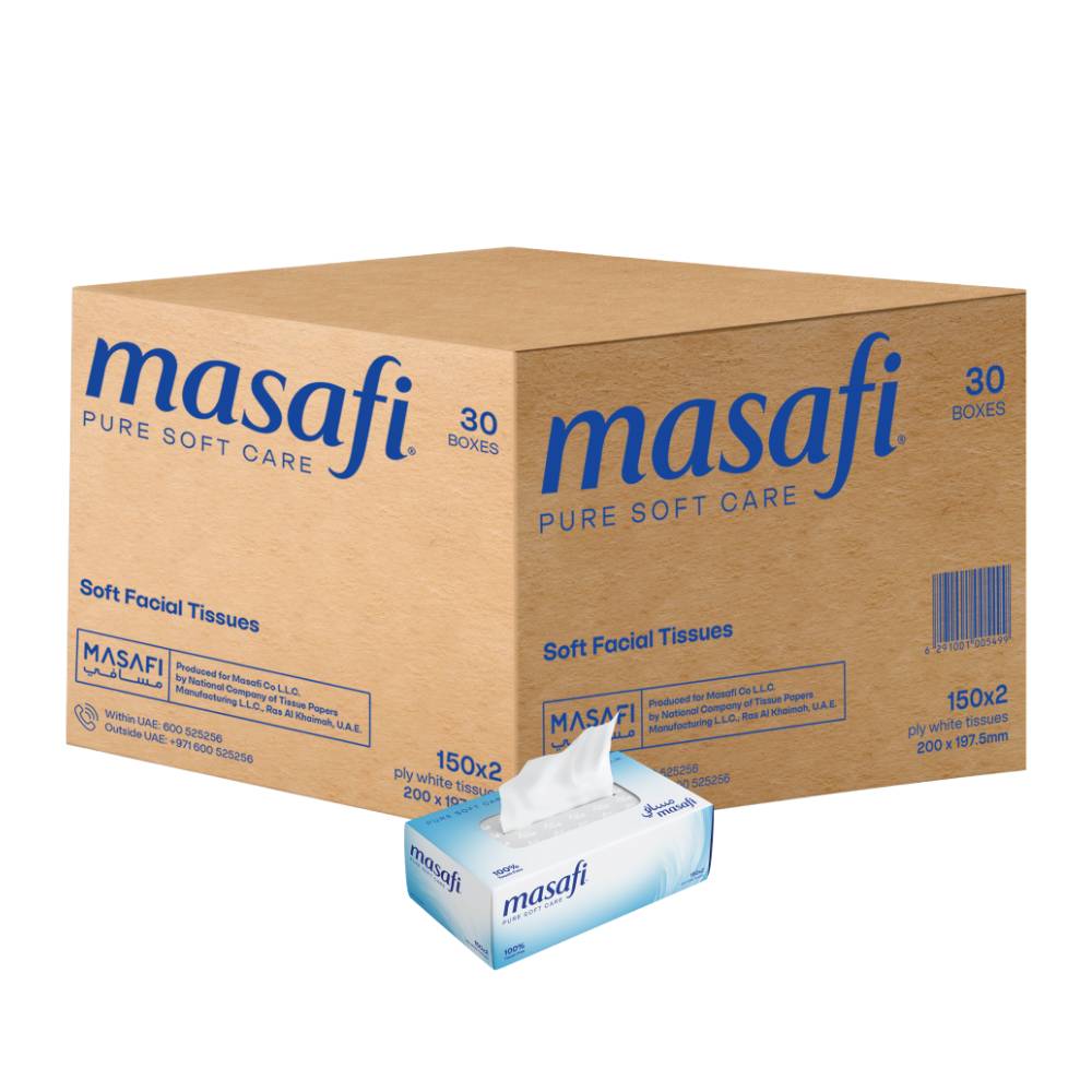 Masafi Facial Tissue 150 sheets x 2ply - 6x5 Boxes bulk pack for soft, strong, and hygienic tissue use at home, office, or commercial settings.