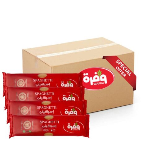 Wafra Pasta Spaghetti No.42 Pack of 3 + 1 - 4x5x400g, premium durum wheat spaghetti with an extra pack, perfect for cooking pasta dishes.